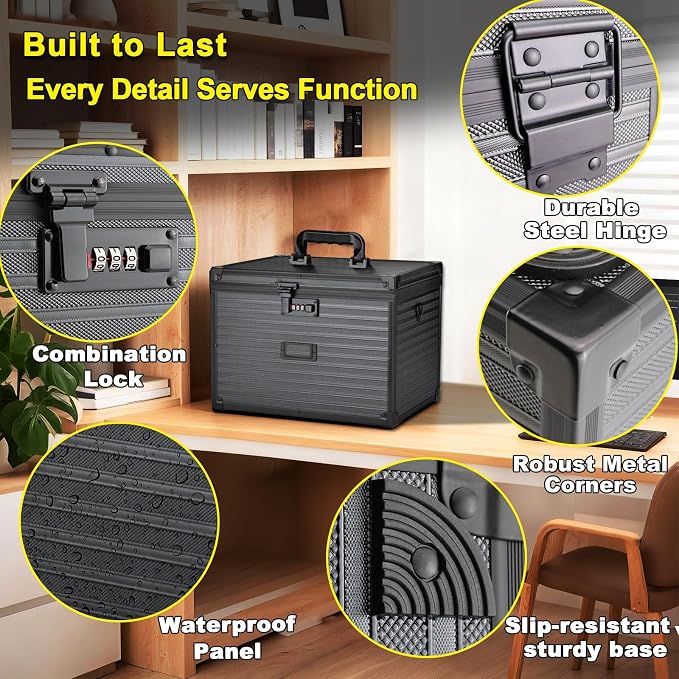 File Storage Cabinet File Organizer Document Organizer File Box in Office and Home with Combination Lock with 20 Letter Size Hanging Files (Stripe Black, Letter)