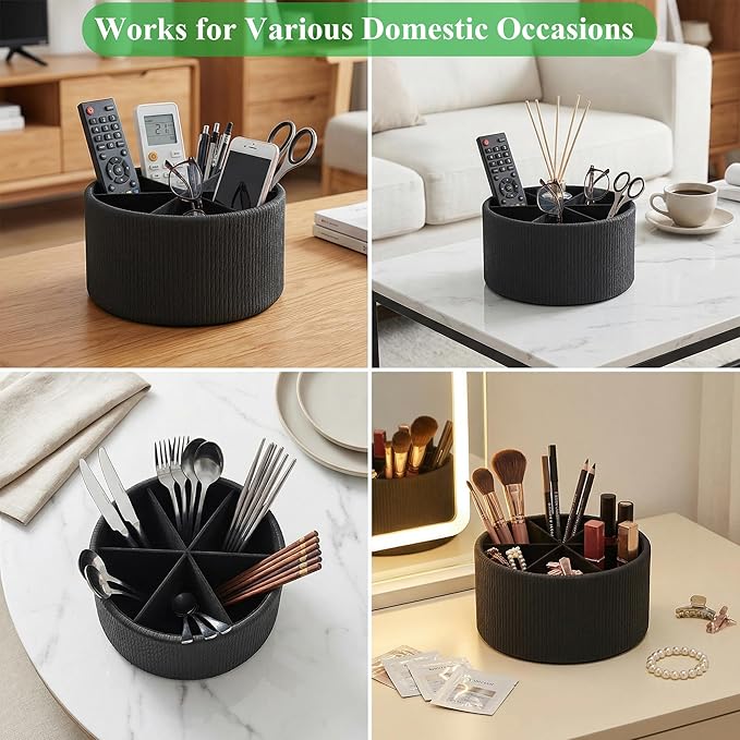 Remote Control Holder, 360°Spinning PU Leather Desk TV Remote Caddy,Desk Storage Box Room Accessories for Controller, Media,Mail,Calculator, Mobile Phone,Pencil(1-Big Wood Black)