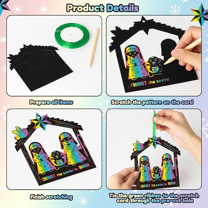 Christmas Nativity Scratch Card - 60Pcs DIY Christmas Nativity Scene Magic Scratch Cards Craft Kit for kids, Christian Jesus Birth Hanging Tags Party Favors for Xmas Sunday School Classroom