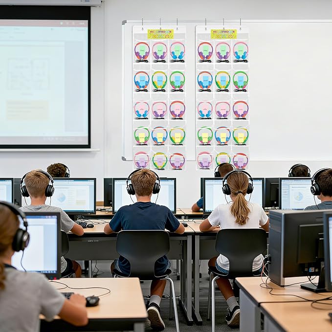 [2-Pack] Classroom Headphone Storage Organizer - 30 Pockets Over The Door Hanging Chart | Durable Headset Holder for Teachers | Clear PVC Pockets | School Supplies & Cell Phone/Calculator Storage