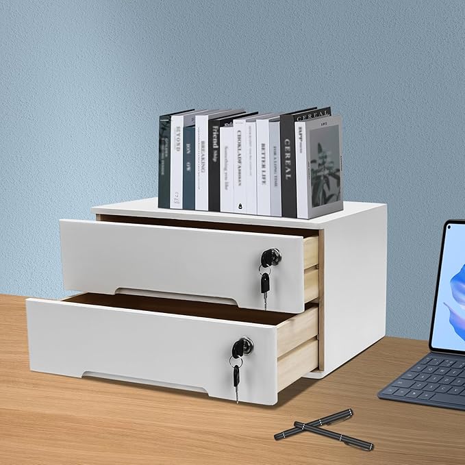 Wooden Desktop Storage Box, 2-Tier Countertop Desk Accessories Box with Lockable Drawers, Office Supplies File Organizer, Flat File Cabinet for Office, Study, Dresser, Kitchen (White)