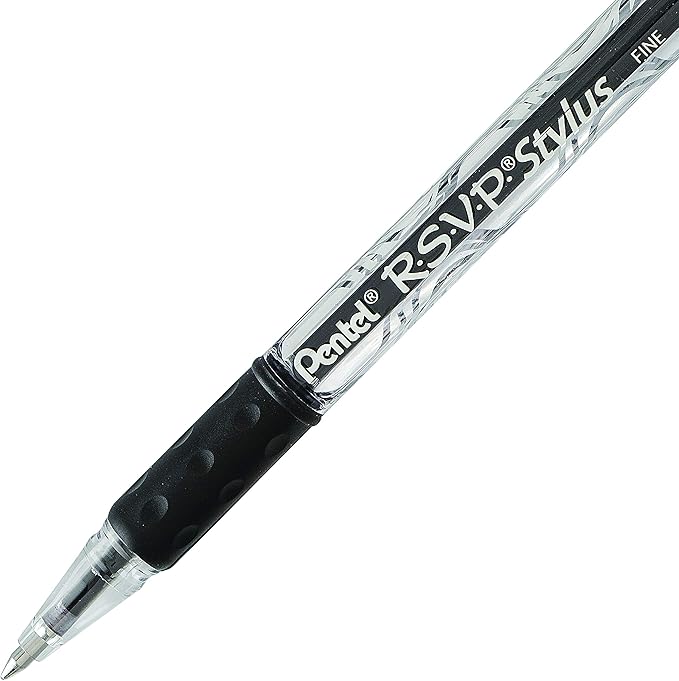Pentel RSVP STYLUS Ballpoint Pen, Fine Line, Black Ink (BK90L-A) (12 count)