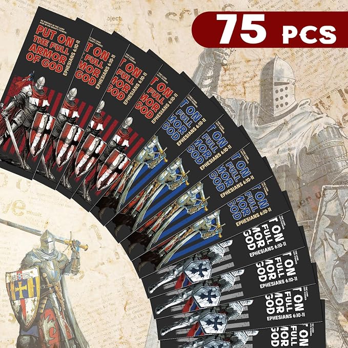 75 Pcs Full Armor of God Bookmarks 2" x 6", Gifts for Father, Christian Bible Verse Bookmarks Bulk Knight Scripture Catholic Cards for Fathers Day Bible Study Sunday School Religious Supplies