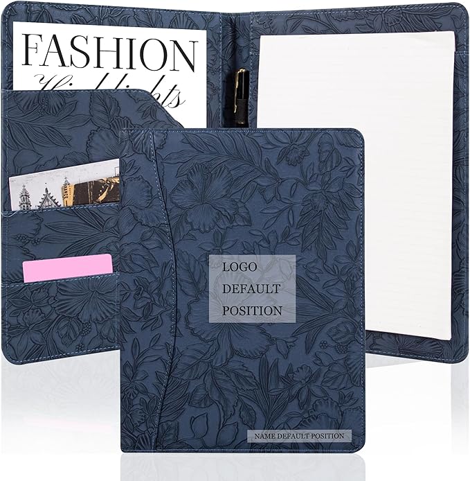 Free Engraved Name,Embossed Padfolio Portfolio PU Leather Binder,Interview Resume Folder,Business Card Holder, Organizer with A4 Legal Pads for Men Women(Blue,Custom)