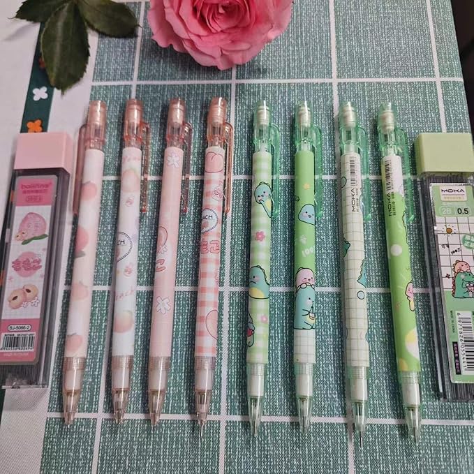 4PCS Cute Cartoon Mechanical Pencils Set with Tubes 0.5 mm Pencil Refills (Pink)