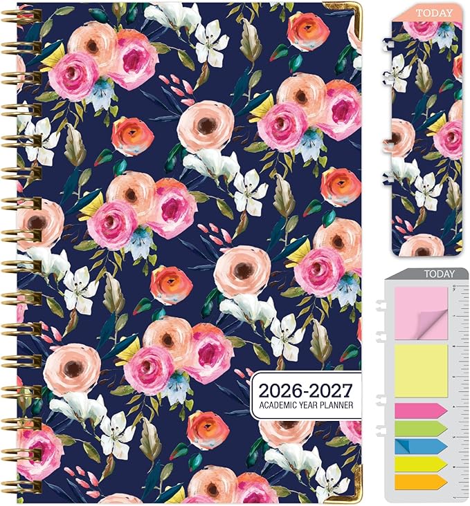 HARDCOVER Academic Year 2026-2027 Planner: 14 Months (May 2026 Through June 2027) 5.5"x 8" Daily Weekly Monthly Planner Yearly Agenda. Bookmark, Pocket Folder and Sticky Note Set (Small Navy Floral)