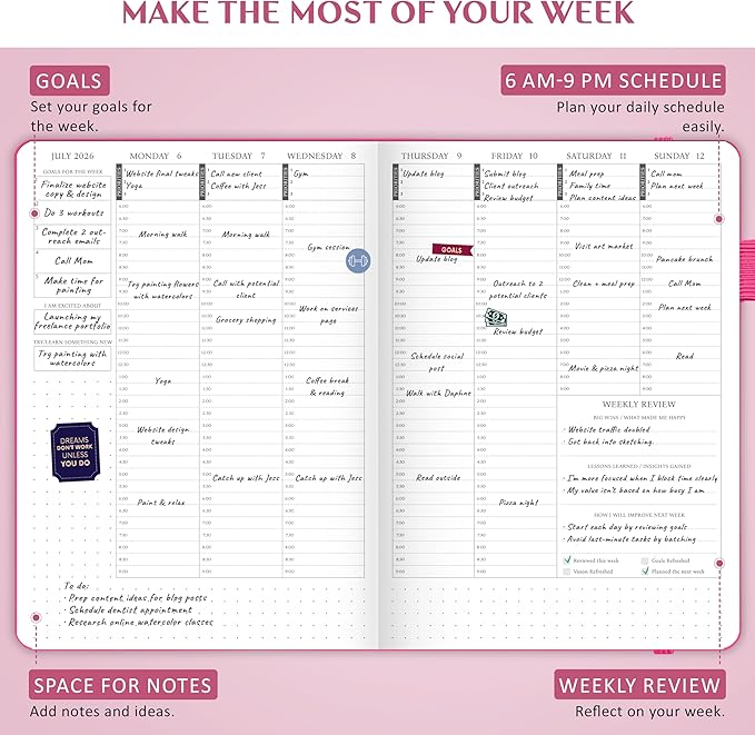 Legend Dated Hourly Weekly Planner 2026 – Daily, Monthly & Yearly Agenda with Time Slots – Hardcover Organizer Journal, 5.8x8.3” (Hot Pink)