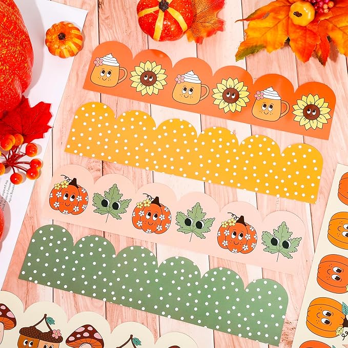FYSUIMU 60 Pcs Fall Thanksgiving Cartoon Bulletin Board Borders Retro Pumpkin Leaves Mushroom Scalloped Border Trim Autumn Self-Adhesive Sticker for Harvest Party School Home Classroom Wall Decor