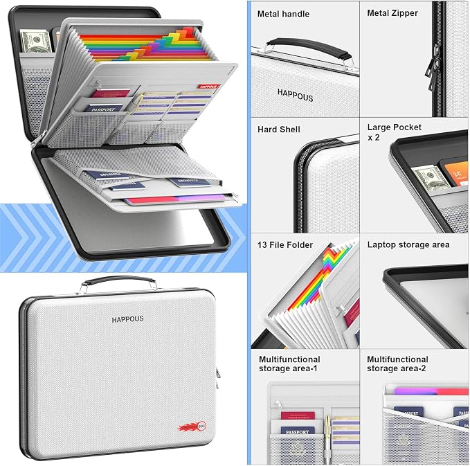 Fireproof Document Organizer, Fireproof Document Box | Portable Hard-Shell Fireproof Document Organizer Storage for Documents Laptop Passports Cards Gray