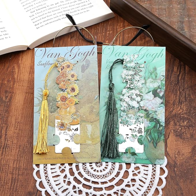2 Metal Bookmarks with Tassel, Oil Painting Sunflowers and Vase with Roses