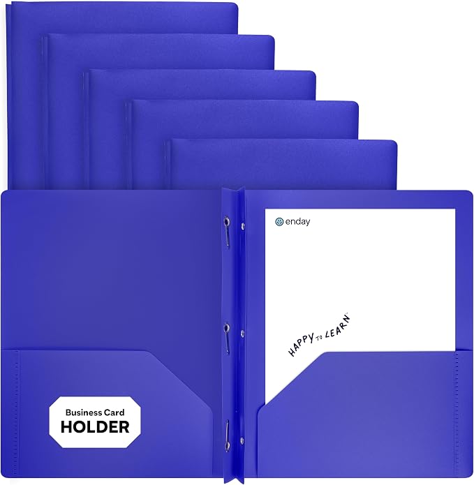 Plastic Folders with Pockets and Prongs Blue, Two Pocket Folder with Brads, 3 Prong Folders with Pockets for Letter Size Sheets, Also Avail in Purple, Black, Green, Yellow, Orange, 6 Pc –by Enday