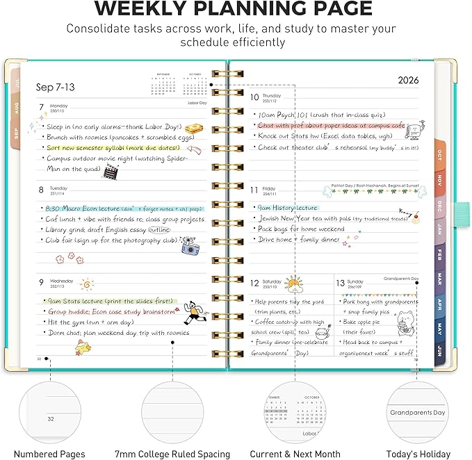 RETTACY Academic Planner 2026-2027, Weekly and Monthly, July 2026 - June 2027, Medium Size (5.7" x 8.3"), Calendar, Agenda, 12-Month Tabs, Hardcover, for Student, Teacher, School (Tiffani Blue)