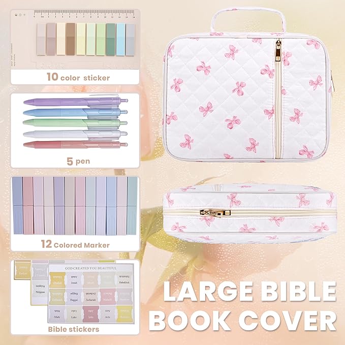 Large Bible Cover for Women, Durable Quilted Tote Bag with Handles, Bible Carry Case for Girls, Bible Study Supplies Accessories (Pink)