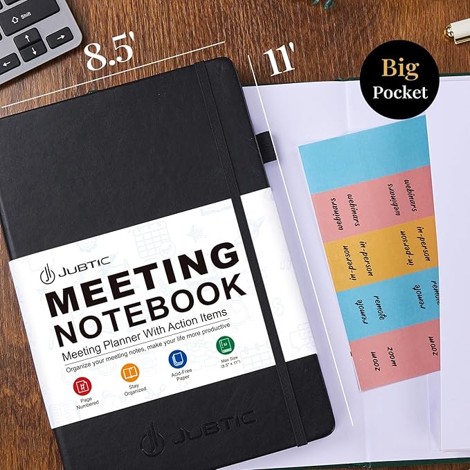 JUBTIC Meeting Notebook for Work with Action Items, Project Planner Work Planner for Office & Business Taking Notes, Agenda Organizer Supplies for Men & Women,160 Pages (8.5”x11”) - Black