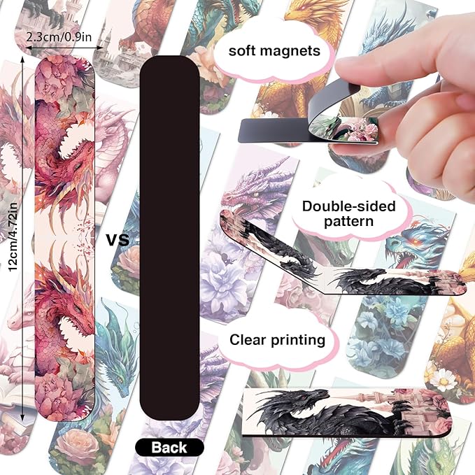 Wxiben Cool Dragon Magnetic Bookmark - 30Pcs Flower Dragon Bookmarks Magnets Unique Animal Book Marks Page Magnets Marker Clip Gifts for Book Lovers Reading Bookworms Office Supplies