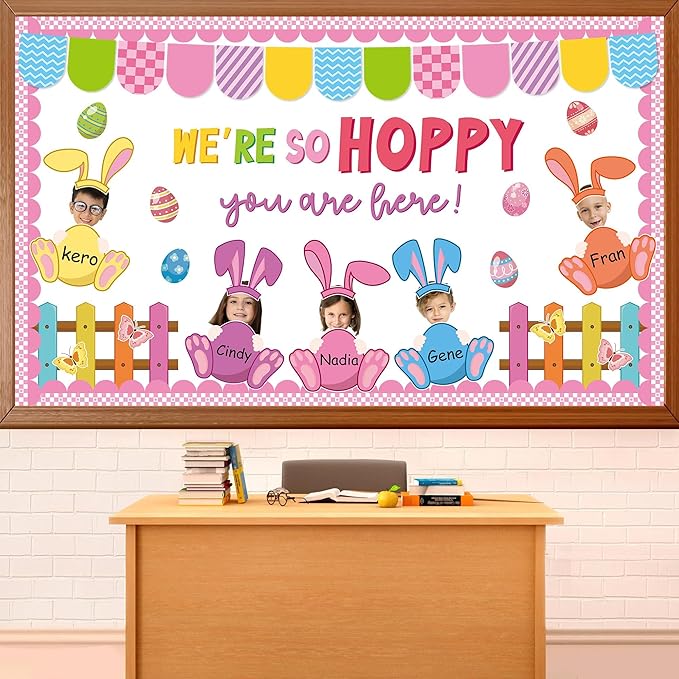 Easter Bulletin Board Set Egg Bunny Cutout DIY Picture Frame Crafts We are So Hoppy You are Here Bulletin Board Set Spring Easter Holiday Teacher School Door Wall Chalkboard Supplies