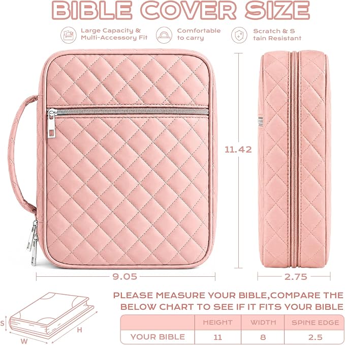 XKDOUS Quilted Bible Cover Case with Bible Study Accessories Kit, Waterproof Large Capacity Bible Bag for Women Men, Portable for Church Study, Multiple Morandi Color Options (Pink)
