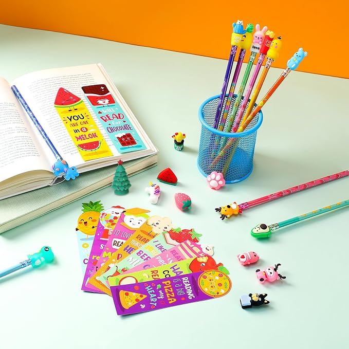 Teling 80 Pcs Scented Bookmarks and Pencils with Cute Toppers Set Fun Pencils Fruit Food Theme Scratch and Sniff Bookmarks Cartoon Pen Toppers Study Supplies(Lovely Style)