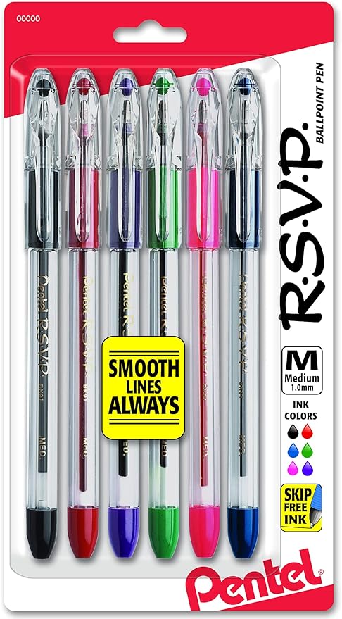 Pentel R.S.V.P. Ballpoint Pen, Medium Line, Assorted Ink (BK91BP6M) (Pack of 1, 6 Count Total)
