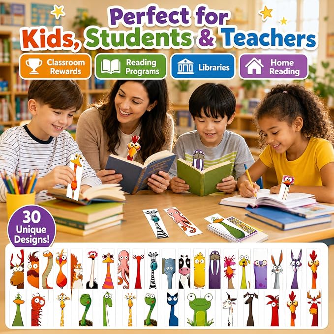 30Pcs Fun Bookmarks for Kids,Funny Animals Cartoon Kids Bookmarks,Creative Cartoon Page Holders,Funny Book Marks for Book Lovers/Students/Readers/Teacher,4th of July Gift.