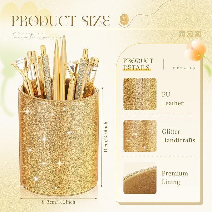 Sabary 8 Pcs Gold Pens with Pen Holder for Desk Glitter Crystal Diamond Cute Ballpoint Fancy Pencil Holder Bling Desk Organizer for Women Girls School Office Supplies Wedding Graduation Gifts