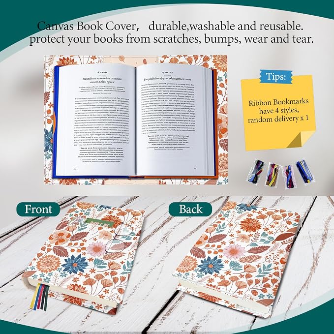 Floral Paperback Book Cover Protector,Washable Soft Canvas Fabric Book Covers with Bookmark,Adjustable Double Side Print Book Dust Jacket Covers for Hardcover Novel Book Lovers Gift
