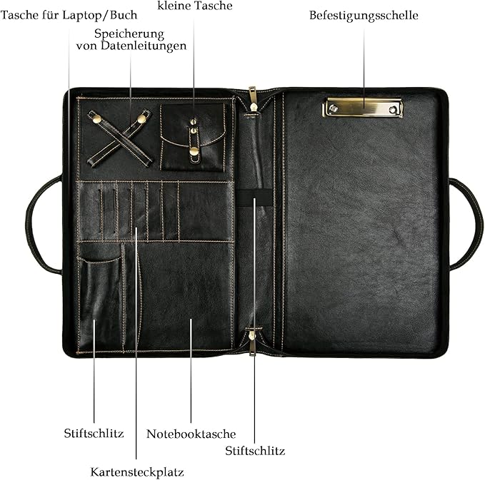 Oil Wax Leather Portfolio, Padfolio Organizer with Handle, Personalized Padfolio，Padfolio with Zipper for Men Women，Suitable for 15-inch Laptop Legal Pad Padfolio, Black