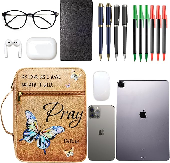 Bible Cover for Women, Bible Holder, Bible Cover Carrier Carrying Organizer Bag, God is Within Her She Will Not Fall, Zipper and Pockets for Standard Size Bible, Gift for Women（Butterfly）