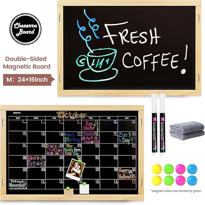 2-in-1 Double-Sided Magnetic Chalkboard 24"x16", Chalk Calendar Board & Large Blackboard for Kitchen & Home Decor, Schedule, Menu, Back-to-School Gift - Hanging Chalk Board with 2 Liquid Pens, Wood