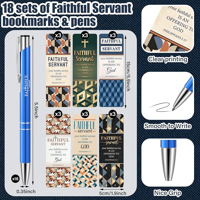 Dispowreath 36 Pcs/18 Sets Faithful Servant Gifts Pen with Bookmark 18 Faithful Servant Pen, 18 Philippians 2: 17 Bookmarks Father's Day Appreciation Gift for Pastors Church Leaders Volunteers Prizes