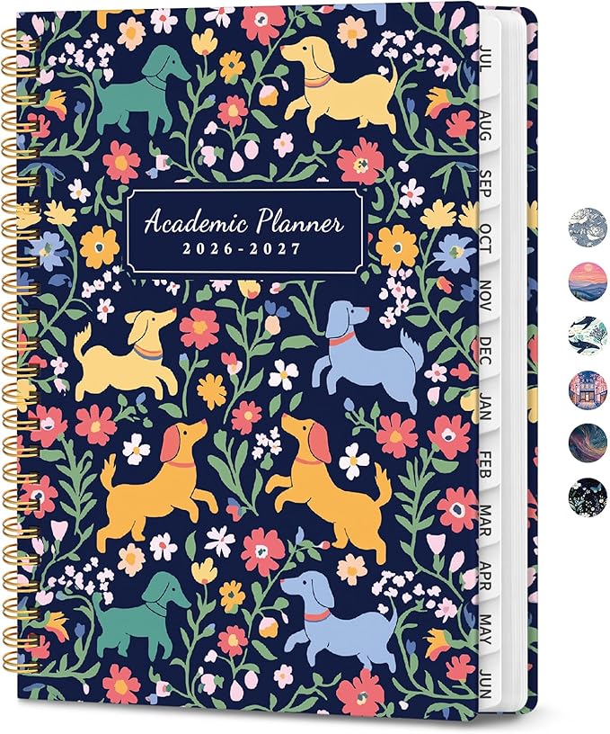 2026–2027 Academic Planner, Weekly and Monthly Planner for Women, July 2026 - June 2027, Pretty Hardcover 2026–2027 Academic Planner with Tabs, Inner Pocket, Spiral Bound, Perfect Office Home School Supplies - 6.3" x 8.5", Dachshund Party