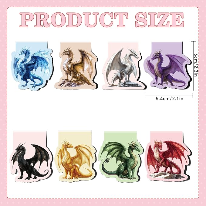 Cool Dragon Magnetic Bookmarks, 8 Pcs Fantasy Power Dragon with Wings Magnet Page Markers Unique Book Clips for Reading, Gifts for Men Book Lovers Students Teachers Office School