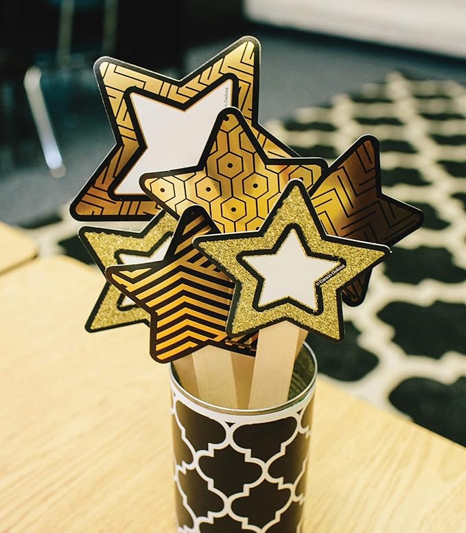 Carson Dellosa Sparkle and Shine 36-Piece Star Cutouts, Gold Foil Space Theme Bulletin Board Decorations for Labels, Cubbies, Locker Decorations, Posterboard, and Classroom Decor