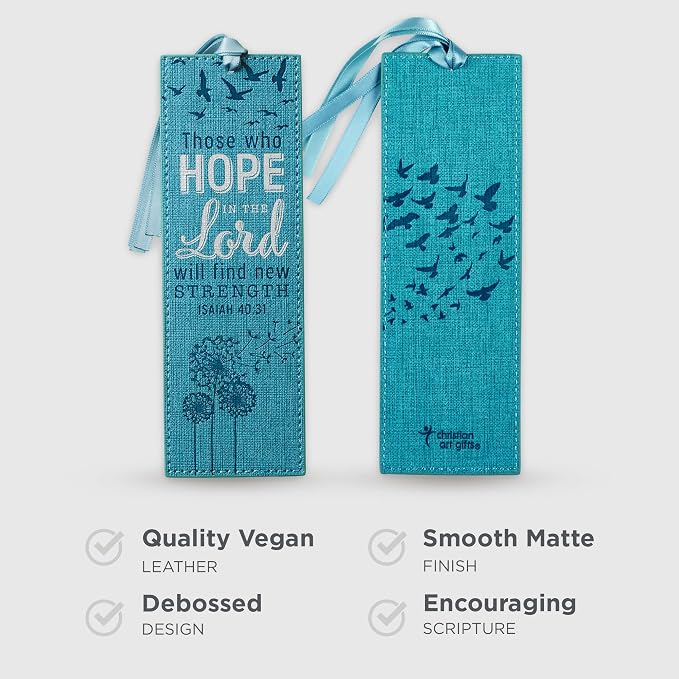Christian Art Gifts Teal Faux Leather Bookmark | Hope In The Lord - Isaiah 40:31 Bible Verse Inspirational Bookmark for Women w/Satin Ribbon Tassel