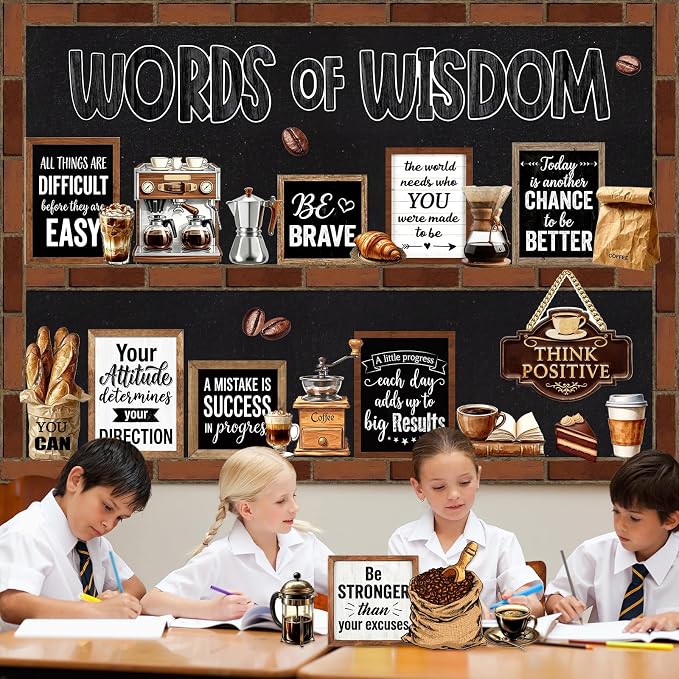 Mooliwe 57 Pcs Coffee Bulletin Board Set Industrial Coffee Shop Inspirational Classroom Decoration Cutout for School Office Chalkboard Door Wall Decor