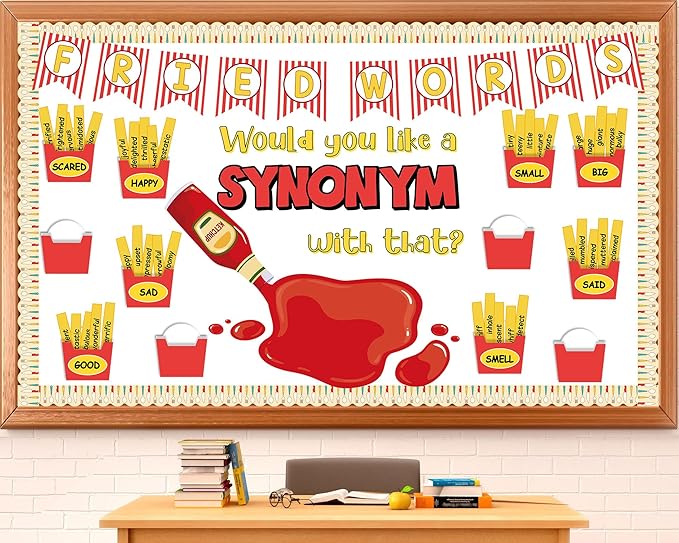 Synonym Bulletin Board Set Fried Words Classroom Decoration Other Way to Say Synonym Bulletin Board French Fry Box Cutouts for English Educational Classroom Back to School Chalkboard Wall Decor