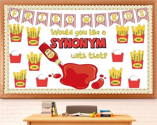 Synonym Bulletin Board Set Fried Words Classroom Decoration Other Way to Say Synonym Bulletin Board French Fry Box Cutouts for English Educational Classroom Back to School Chalkboard Wall Decor