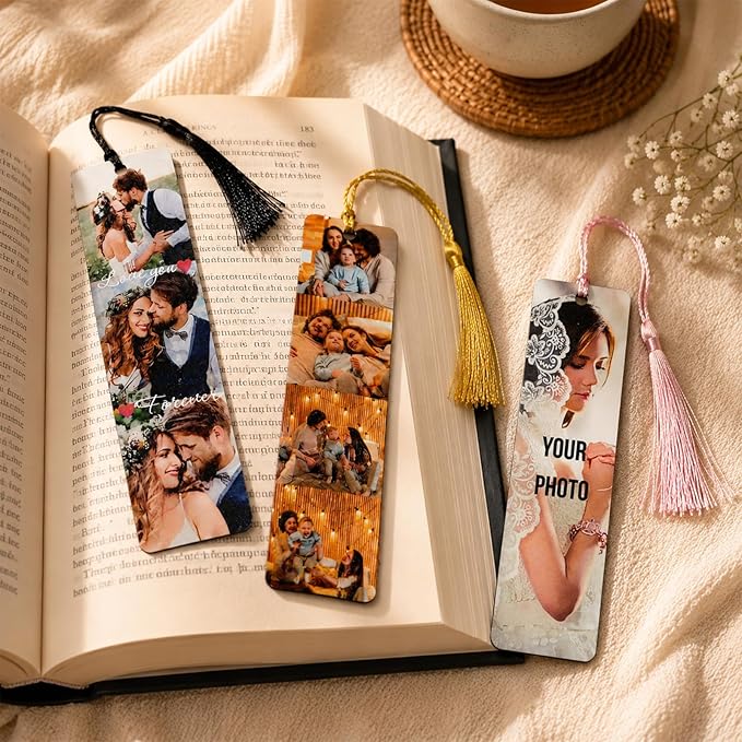 Personalized Photo Bookmark with Text, Custom Metal Page Marker with Tassel, Double Sided Aluminum Alloy Gift for Women Men Teachers Students and Book Lovers (2 Photos)