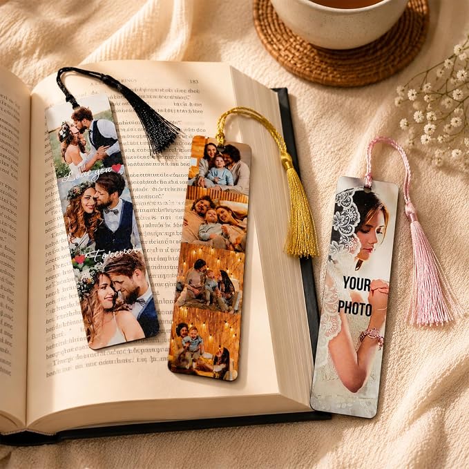 Personalized Photo Bookmark with Text, Custom Metal Page Marker with Tassel, Double Sided Aluminum Alloy Gift for Women Men Teachers Students and Book Lovers (4 Photos)