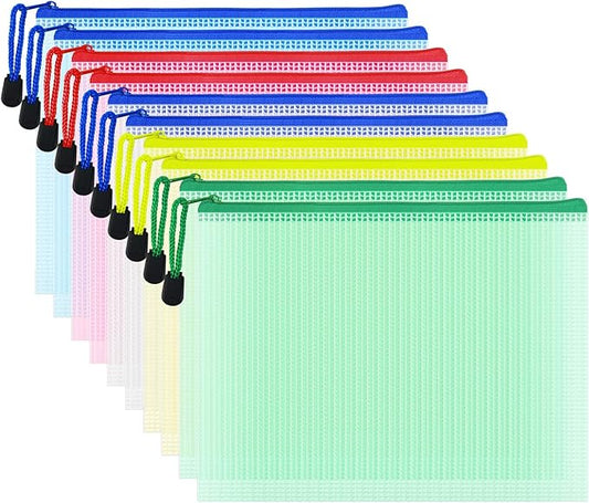 10 Pcs Zipper File Bags, Waterproof Plastic Mesh Pouch for Office School, Board Game Storage Bags (A5 Size 9.2''x6.7'', Multicolored)