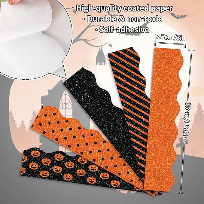 Whaline 69Ft Halloween Bulletin Board Borders Glitter Orange Black Decoration Borders Pumpkin Stripe Dot Trim Border Bulletin Board Stickers for School Classroom Office Halloween Party Decoration