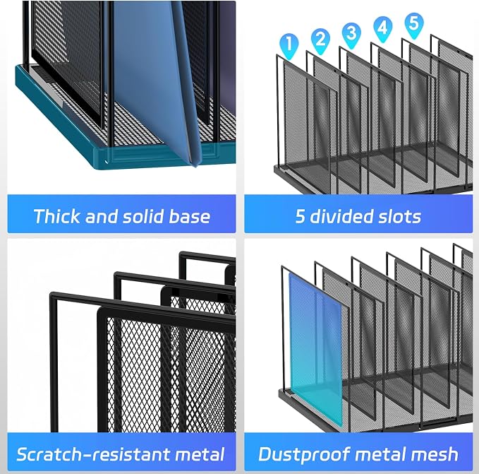 Desk File Organizer, 5 Section Vertical Metal File Organizer for Desk, Desktop File Organizer Stand, Paper Folder Organizer for Office Home Classroom Storage (Black, 5 Section)