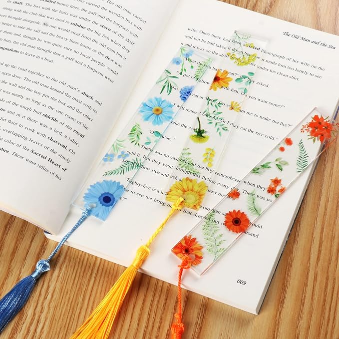8 Pieces Flower Acrylic Bookmarks with Colorful Tassels Floral Transparent Acrylic Bookmarks Book Page Marker for Women, Teacher, Student, Kids, Book Lovers Reader, Writer, Student