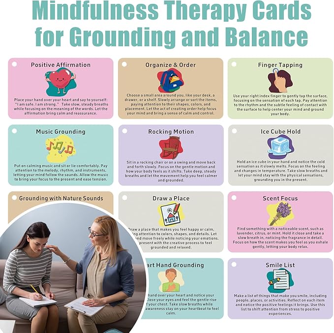 Grounding Cards & Worry Stone for Anxiety, Therapy Games for Teens & Adults, 24 Coping Skills Cards for Stress Relief, Mindfulness Tools for Trauma, PTSD, BPD, DID, Special Education School Supplies