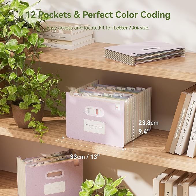 EcoStash 12 Pockets Accordion File Organizer, Wheat Straw File Folders, Upright & Open Top, Monthly Bill Receipt Organizer, 100% BPA Free, Return to Nature, Letter/A4 Size - Lavender Purple