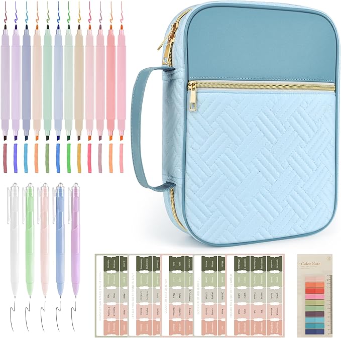 Ndsox Bible Cover Case with Handle for Women, Quilted Fabric & Vegan Leather Carrying Book Case Church Bag Bible Study Supplies Accessories Christian Gifts for Mother Lady Women Men, Blue