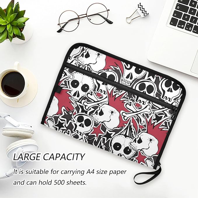 Punk Rock Skulls File Folders,Plastic Folders with 13 Pockets,Expandable File Folder for Documents School Students Office,Aesthetic Folder with Labels A4 Letter Size