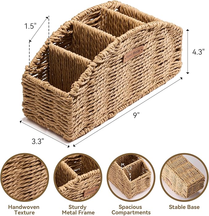 Handwoven Remote Control Holder Basket, Boho Desk Organizer with 5-Compartment Storage TV Remotes, Office Supplies for Living Room, Bedroom, Office
