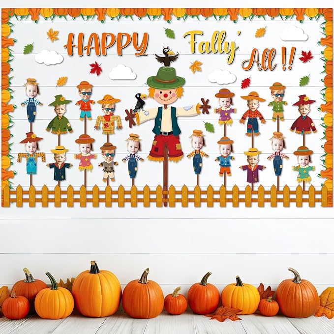 Fall Scarecrow Classroom Bulletin Board Decorations Autumn Pumpkin Maple Leaves Paper Cutouts Fall Scarecrow Classroom Bulletin Board Set DIY Photo Decor for Home School Office Pizza Party Supply