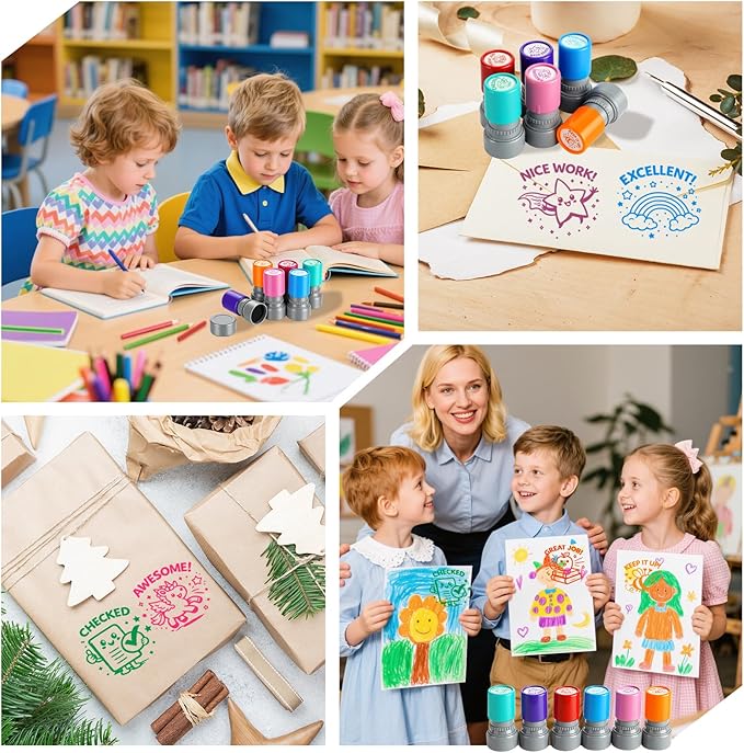 Teacher Stamps for Classroom, Teacher Appreciation Gifts, Self Inking Grading Stamps Set, Reward Stamps with Unicorn, Rainbow, Bee, Star, Classroom Essentials for Elementary School & Homeschool (6Pcs)